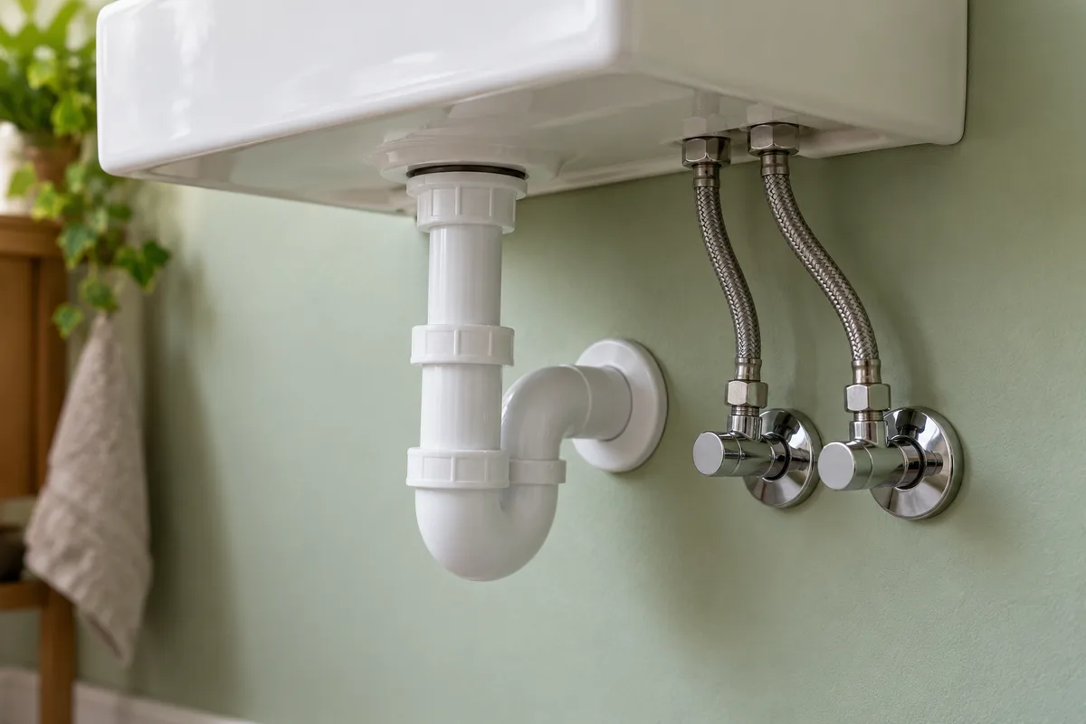 Dessous d&rsquo;un lave-mains mural avec flexibles côté plage et siphon blanc raccordé au mur