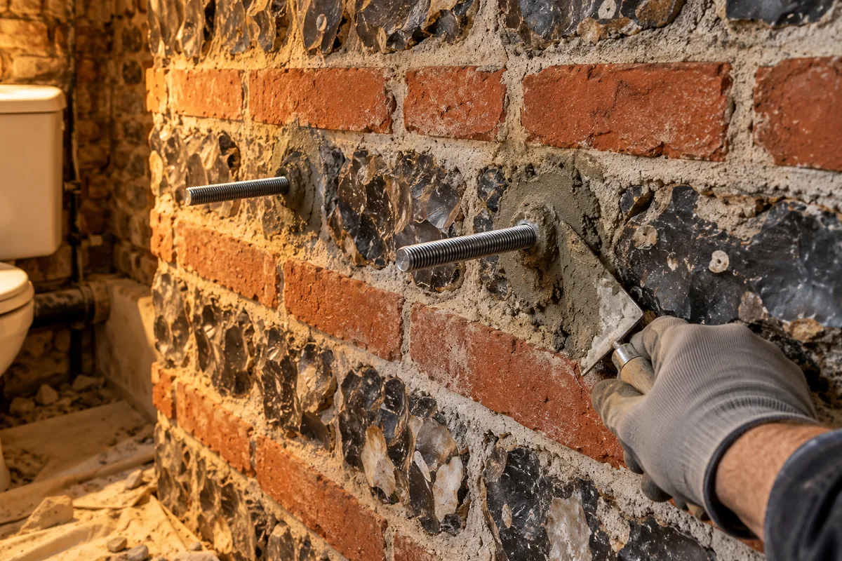 Tiges filetées scellées dans un mur ancien de silex et de brique pour fixer un lave-mains