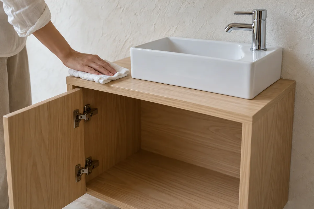 Lave-mains en céramique blanche posé sur un petit meuble bas en bois clair