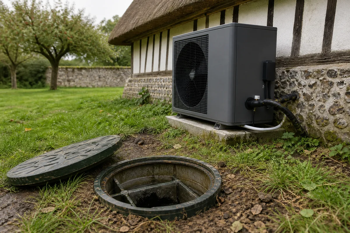 Regard d’assainissement individuel ouvert dans un jardin de campagne