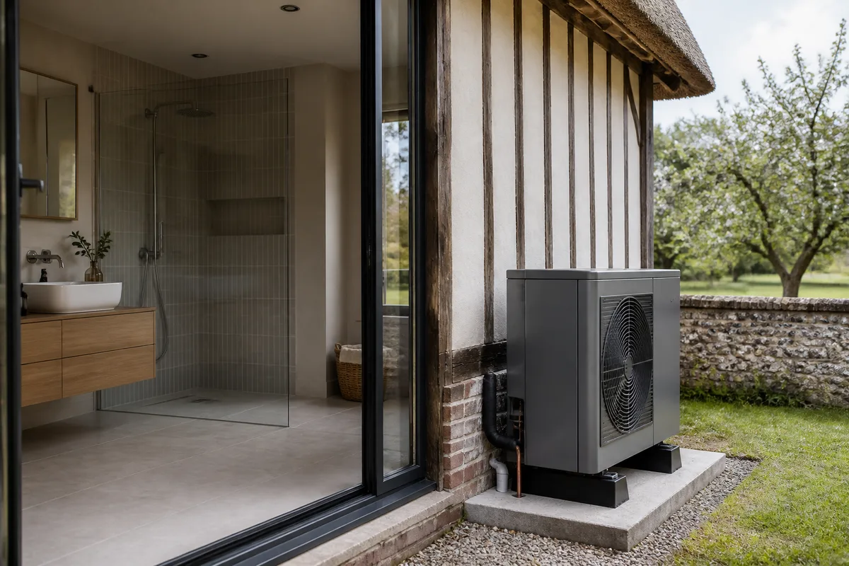 Salle d&rsquo;eau contemporaine avec douche de plain-pied et vasque suspendue